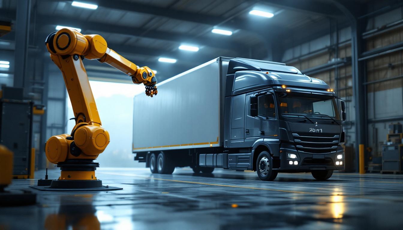 A photograph of a large industrial moving van parked in a warehouse setting