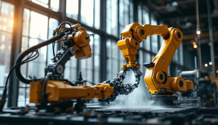 A photograph of a dynamic industrial robot in action within a boston manufacturing facility