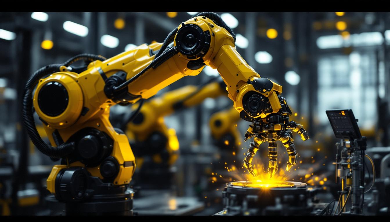 A photograph of a sleek industrial robotic arm in action