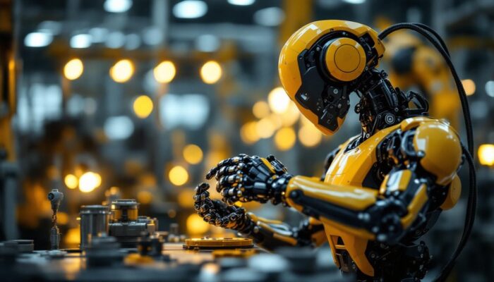 A photograph of capture a photograph of a sleek industrial robot in action on a factory floor