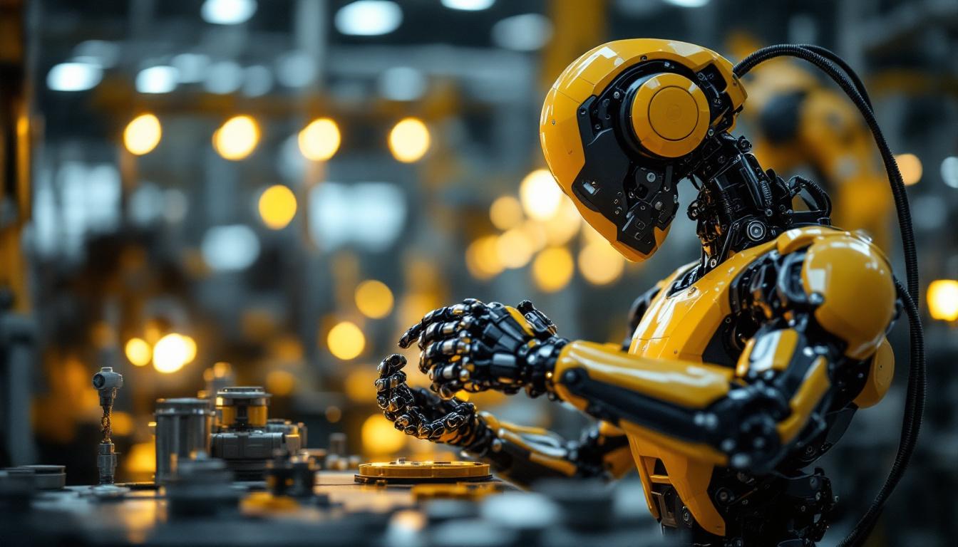 A photograph of capture a photograph of a sleek industrial robot in action on a factory floor