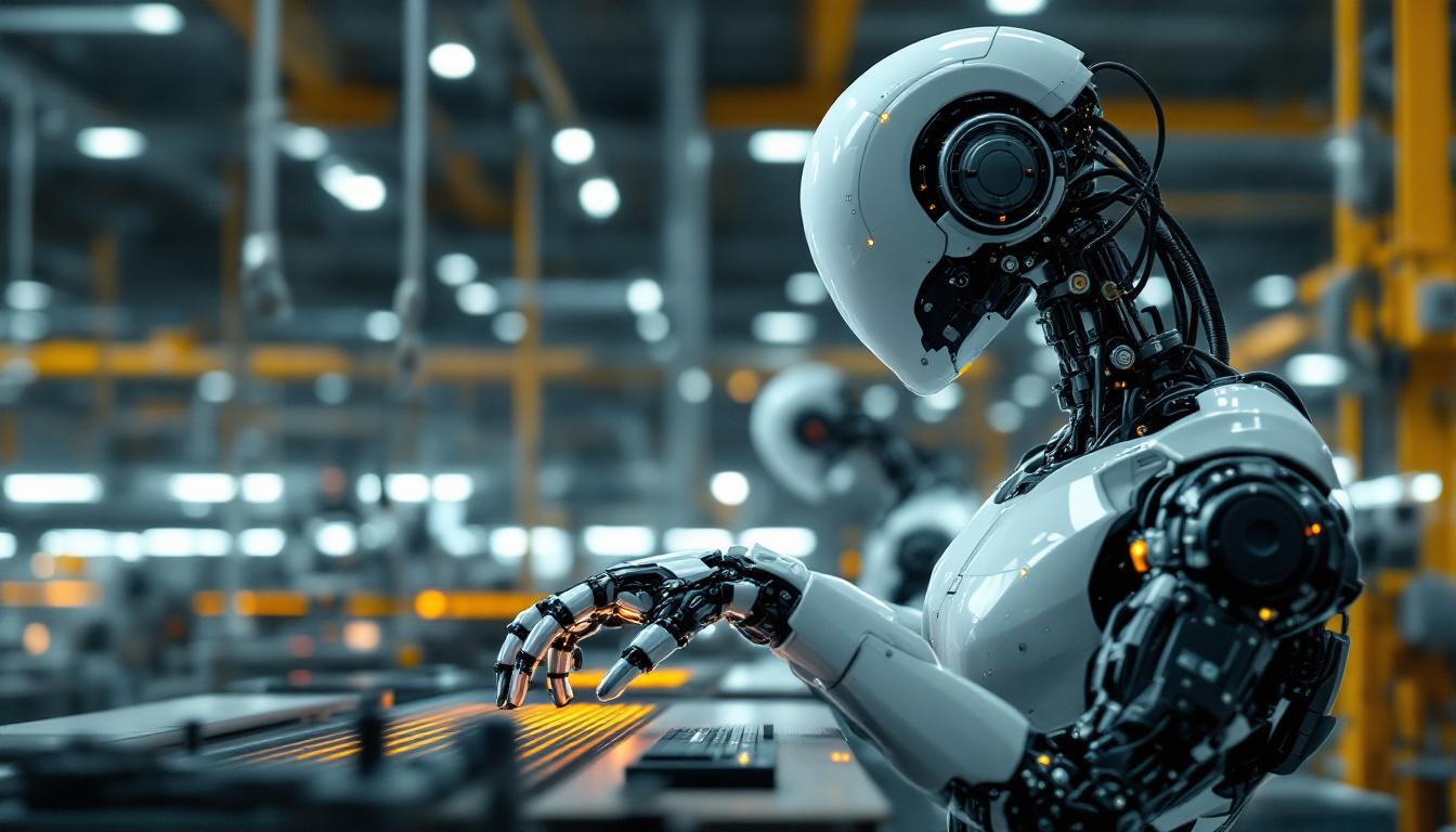 A photograph of a sleek industrial robot in action within a modern manufacturing environment