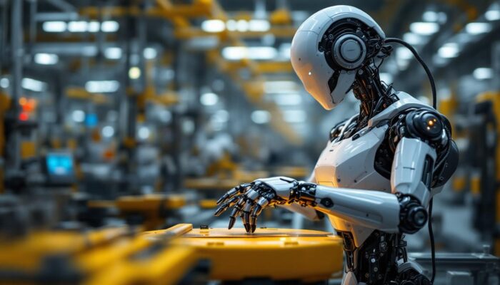 A photograph of a modern industrial robot in action within a manufacturing environment