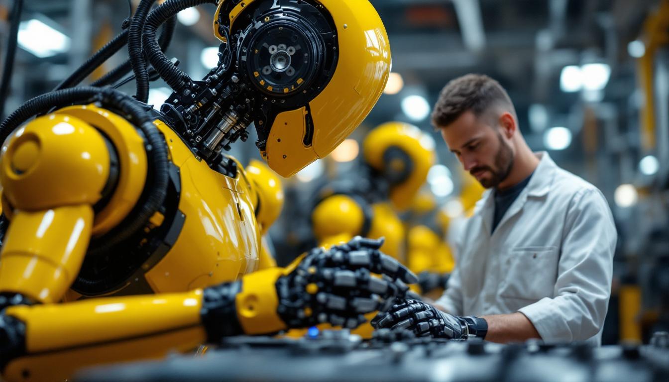 A photograph of a skilled engineer or technician working on an industrial robot in a high-tech manufacturing environment