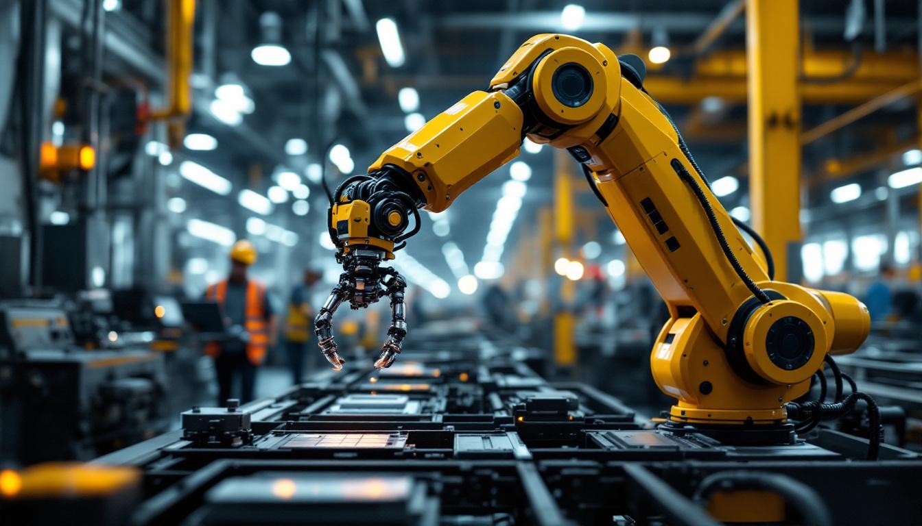 A photograph of a sleek industrial robotic arm in action within a modern manufacturing facility