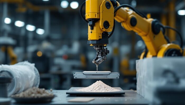 A photograph of a robotic arm precisely lifting and weighing various industrial materials