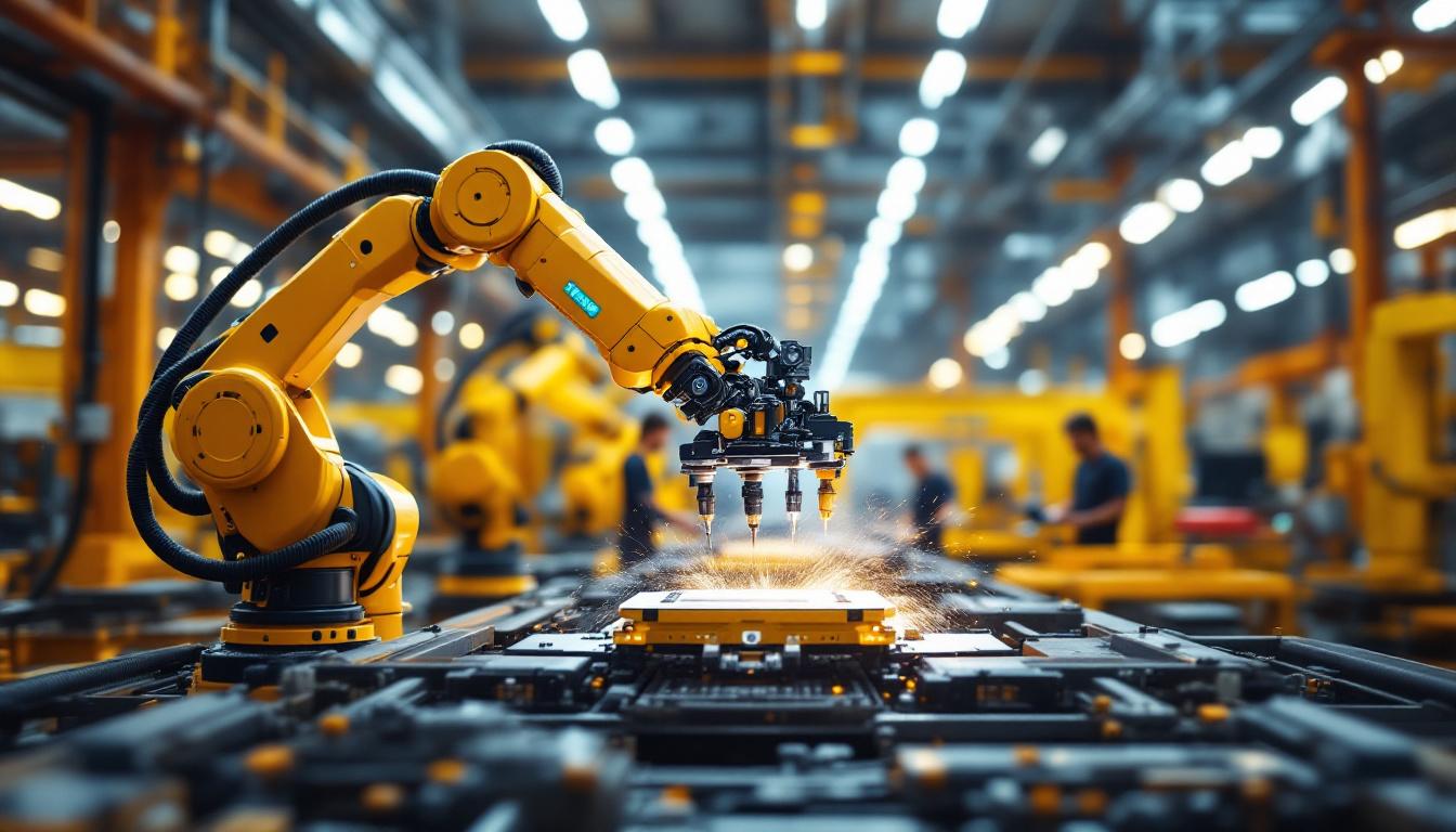 A photograph of a dynamic industrial setting featuring a robotic arm in action