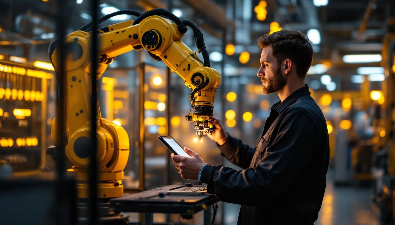 A photograph of a skilled technician programming an industrial robotic arm in a vibrant neon-lit production facility