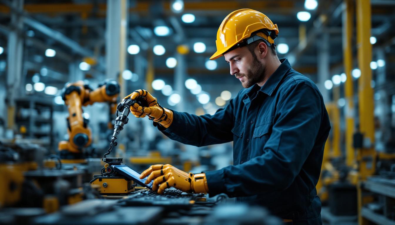 A photograph of a skilled technician programming or operating an industrial robot in a modern boston manufacturing facility