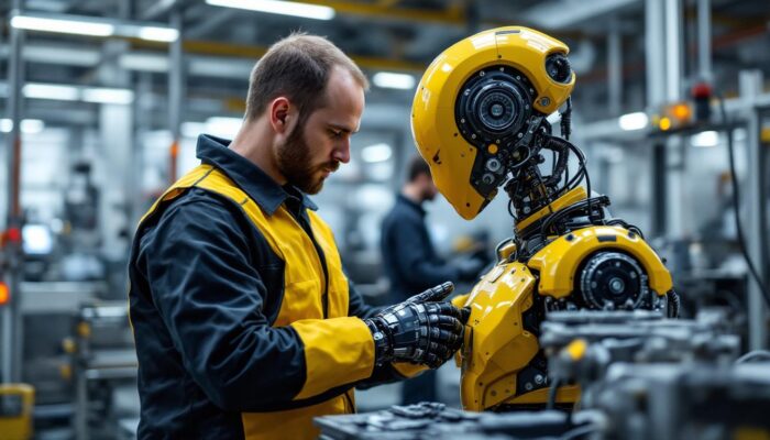 A photograph of a skilled technician performing maintenance on an industrial robot in a modern factory setting