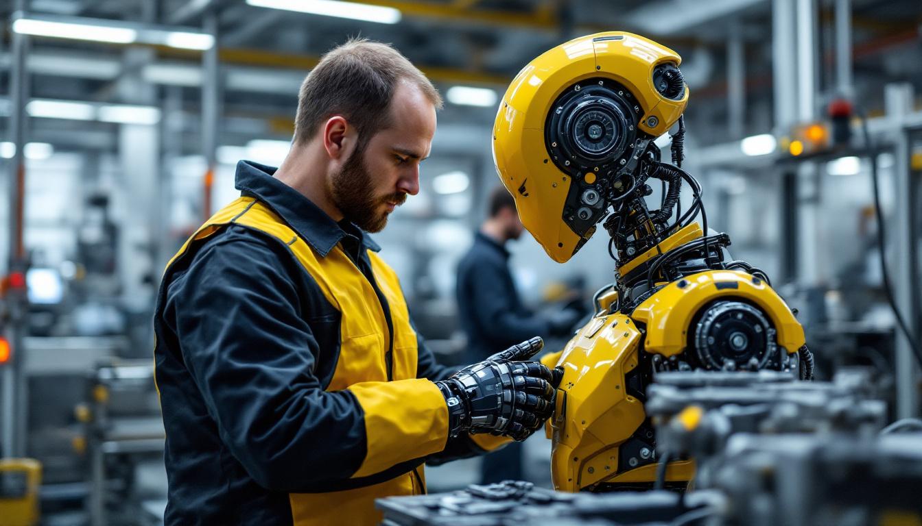 A photograph of a skilled technician performing maintenance on an industrial robot in a modern factory setting