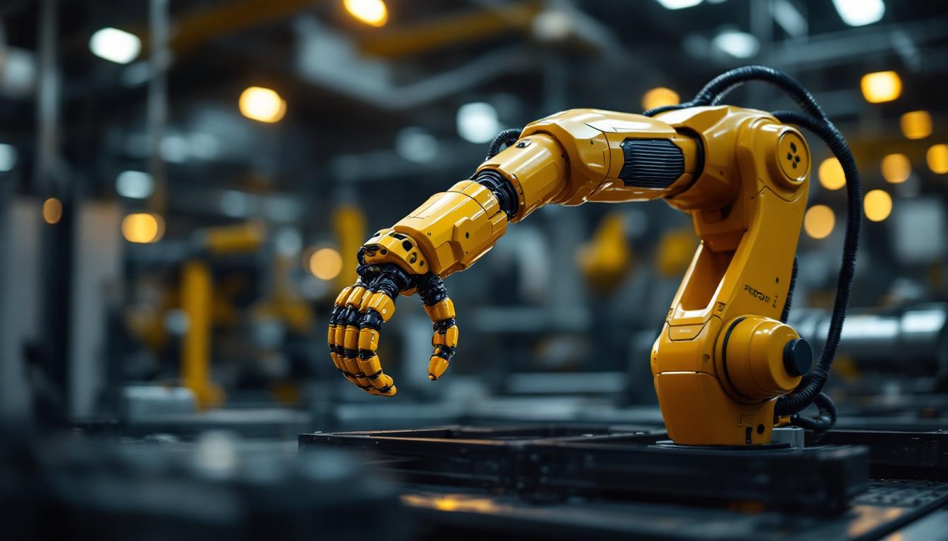 A photograph of a sleek industrial robotic arm in action