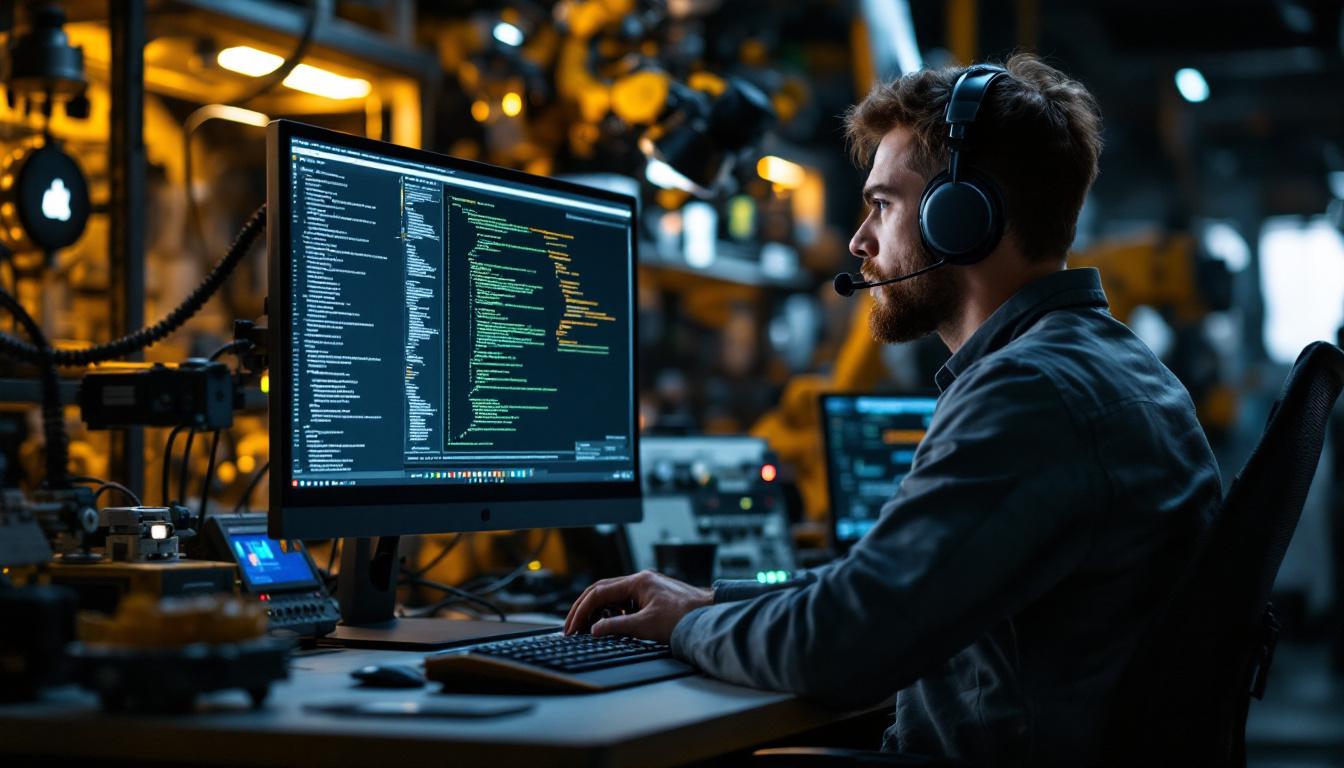A photograph of a skilled embedded software engineer working remotely