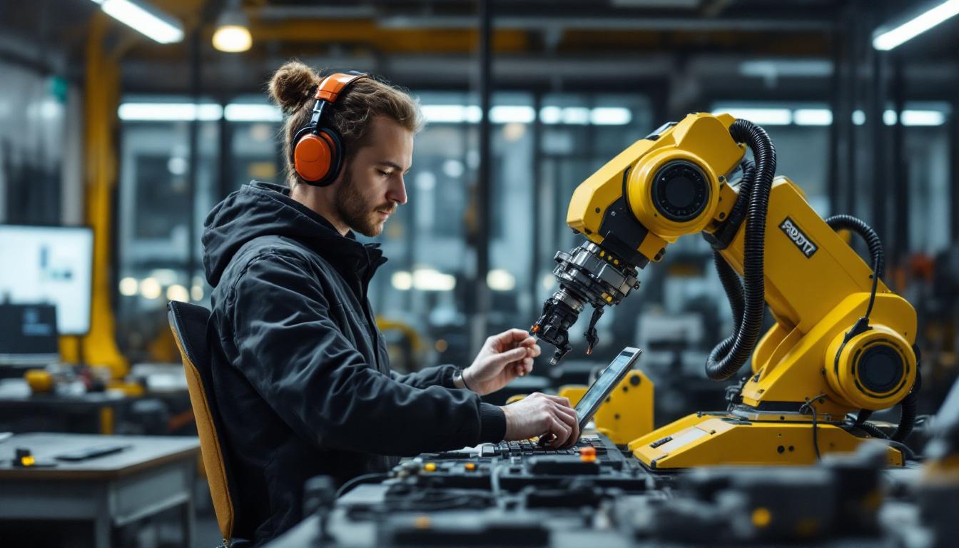 A photograph of a skilled technician programming or operating an industrial robot in a modern classroom or workshop setting