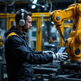 A photograph of a skilled technician programming or operating an industrial robot in a modern manufacturing setting