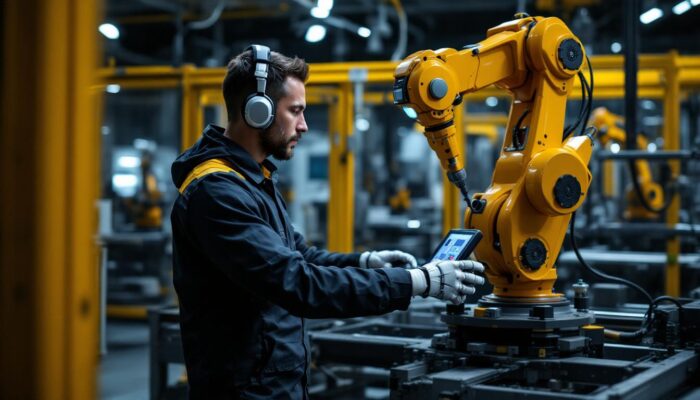 A photograph of a skilled technician programming or operating an industrial robot in a modern manufacturing setting