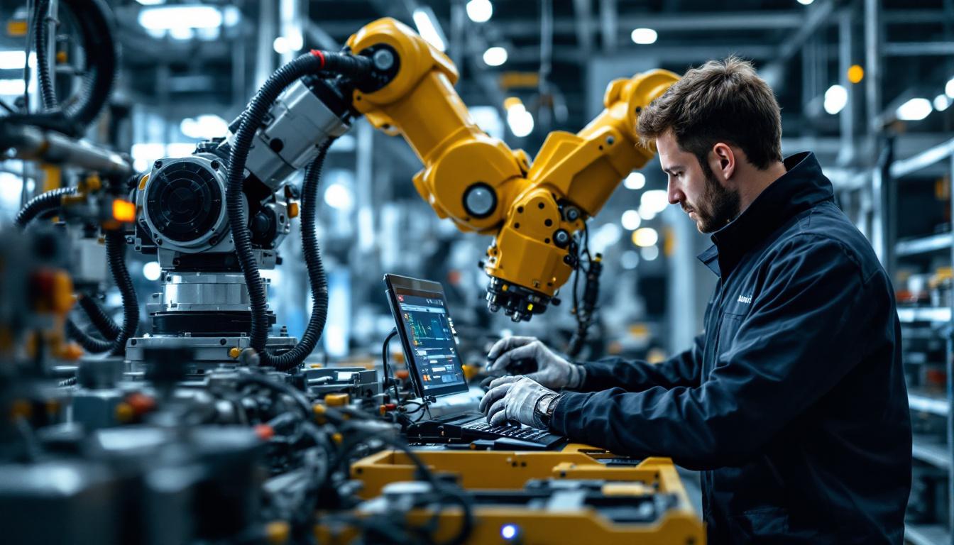 A photograph of a skilled technician programming or operating an industrial robotic arm in a modern manufacturing setting