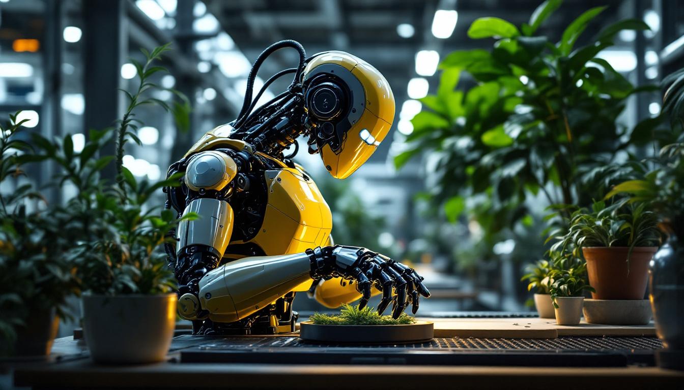 A photograph of a sleek industrial robot in action within a modern manufacturing environment