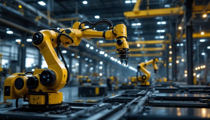 A photograph of a high-tech industrial robotic arm in action