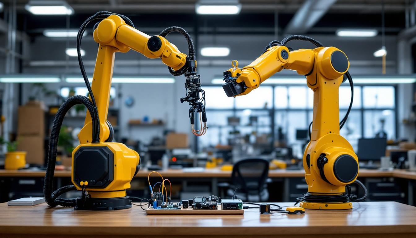 A photograph of a diy tens unit setup alongside an industrial robotic arm in a modern workshop environment