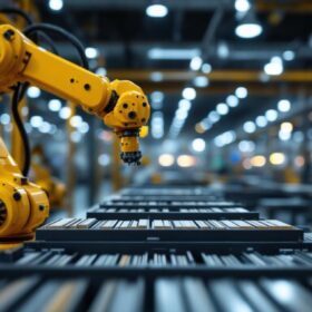 A photograph of a modern industrial robotic arm in action