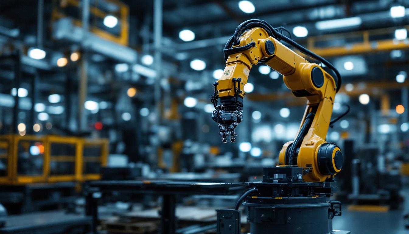 A photograph of a sleek industrial robotic arm in action within a modern manufacturing facility in st. cloud