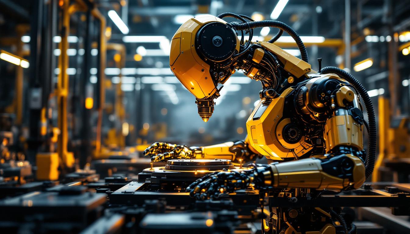 A photograph of a sleek industrial robot in action within a modern manufacturing environment