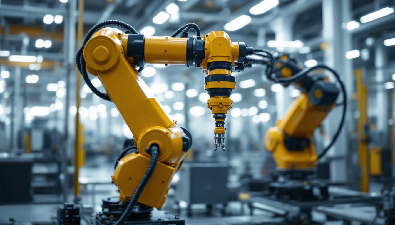 A photograph of a sleek industrial robotic arm in action within a modern manufacturing environment