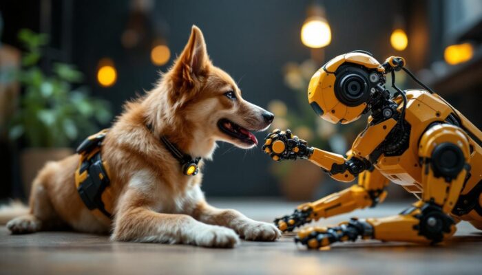 A photograph of a friendly dog interacting playfully with a robotic device