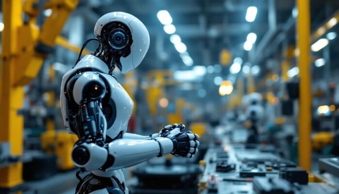 A photograph of a sleek industrial robot in action within a manufacturing setting
