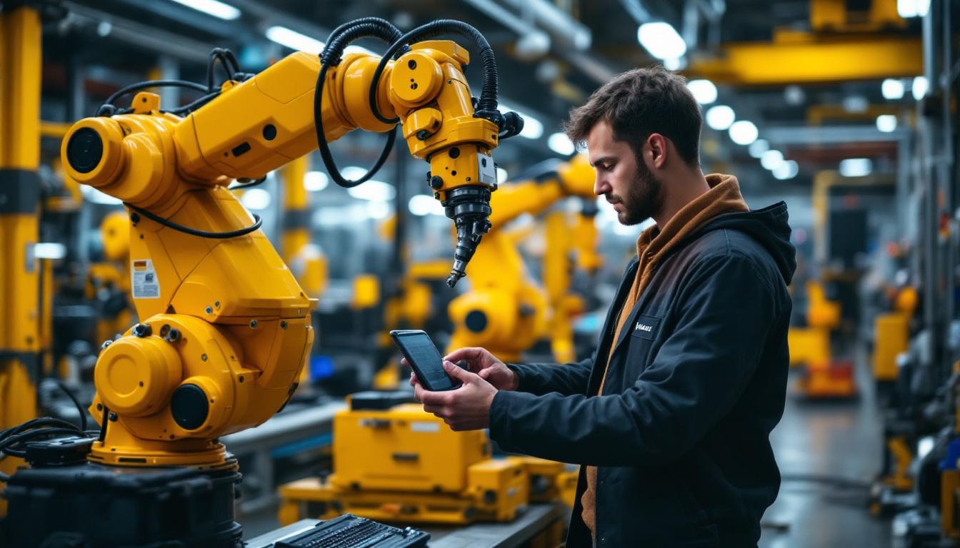 A photograph of a skilled intern programming or operating an industrial robot in a dynamic manufacturing environment