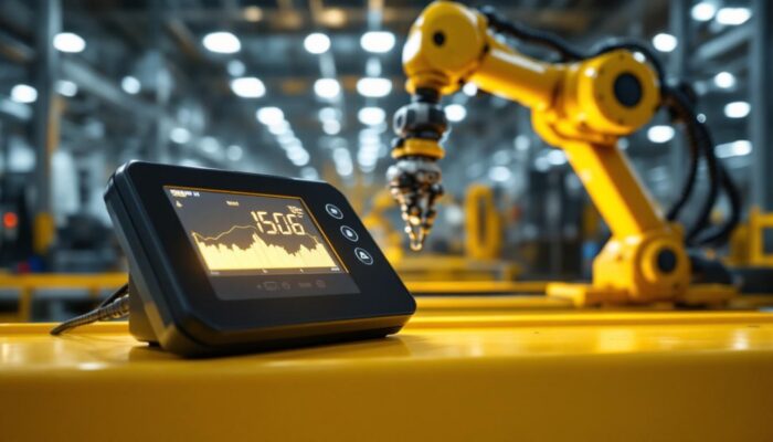 A photograph of a compact digital weight scale in a modern industrial setting