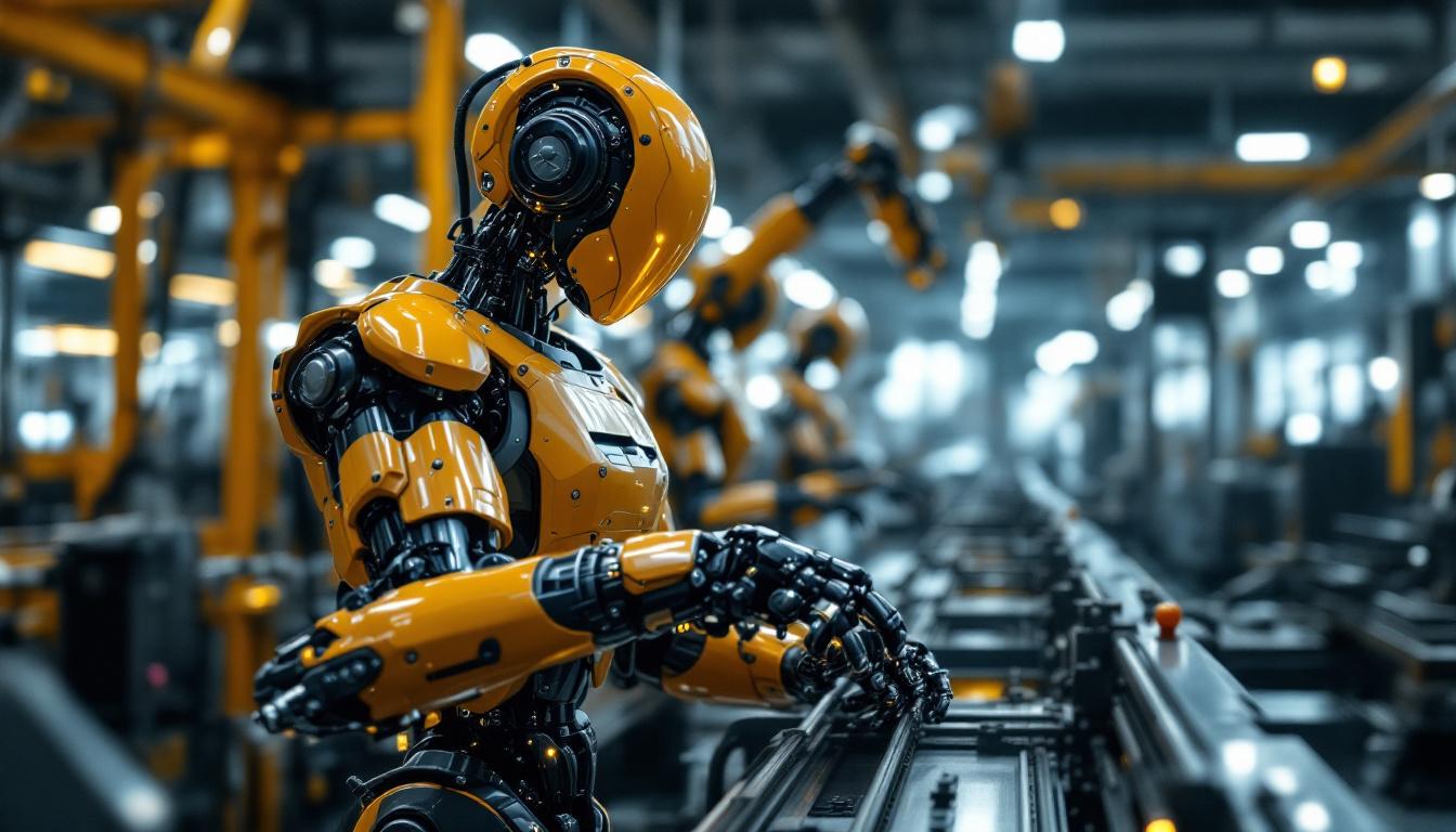 A photograph of a sleek industrial robot in action within a modern manufacturing environment