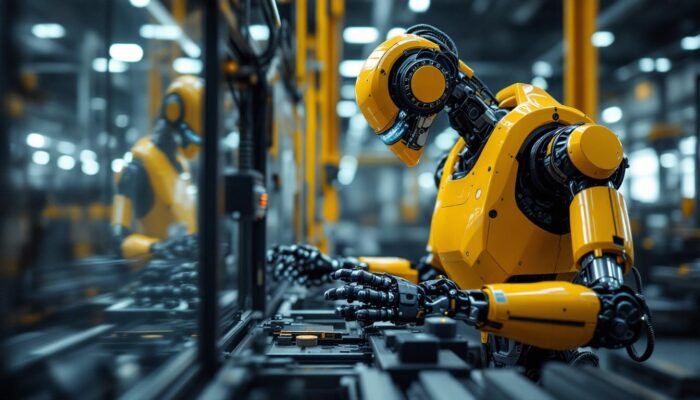 A photograph of a modern industrial robot in action within a manufacturing environment