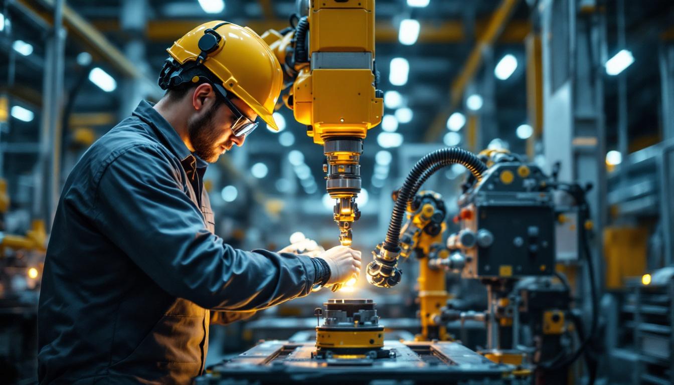 A photograph of a skilled technician working with an industrial robotic arm in a modern manufacturing setting