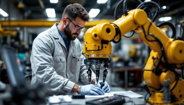 A photograph of a skilled technician programming or operating an industrial robot in a billerica public schools classroom or workshop setting