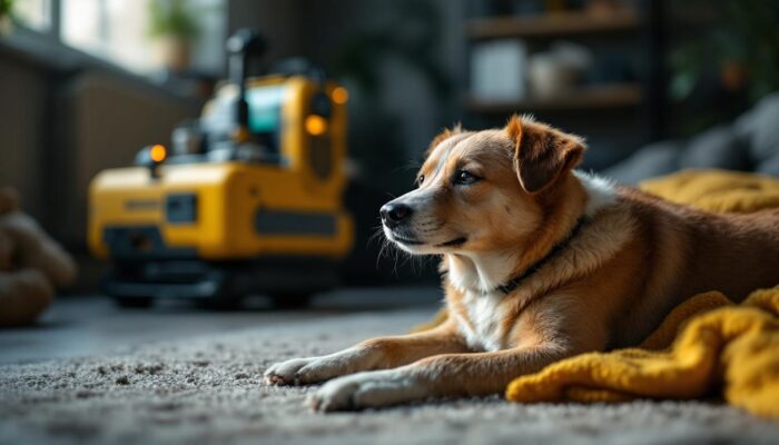 A photograph of a serene dog comfortably resting or playing in a cozy environment while an industrial robotic noise machine operates quietly in the background