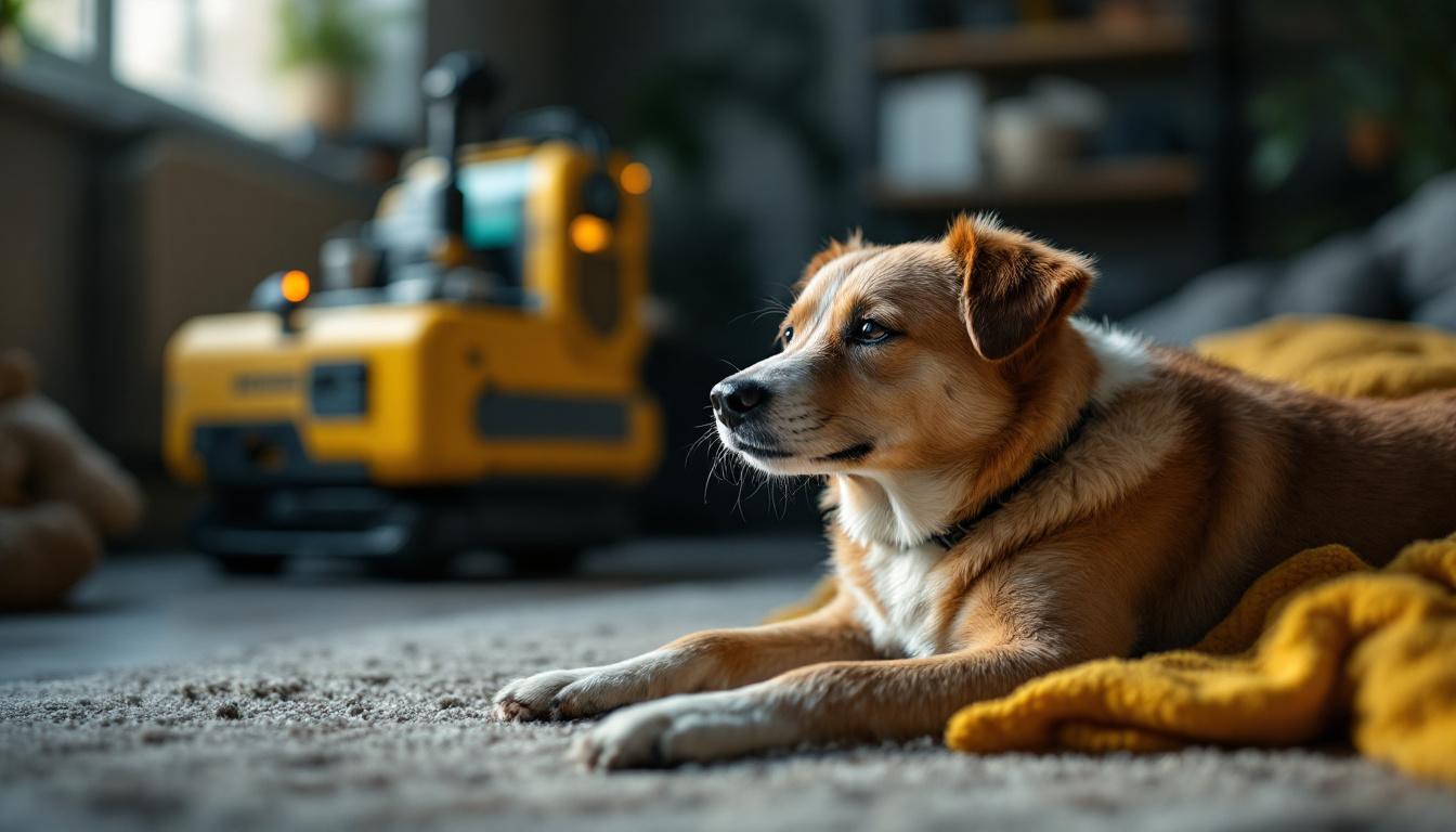 A photograph of a serene dog comfortably resting or playing in a cozy environment while an industrial robotic noise machine operates quietly in the background