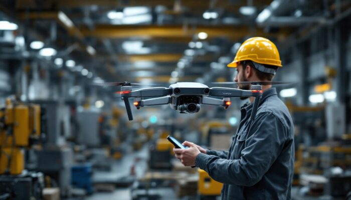 A photograph of a skilled technician operating a uav (drone) in an industrial setting