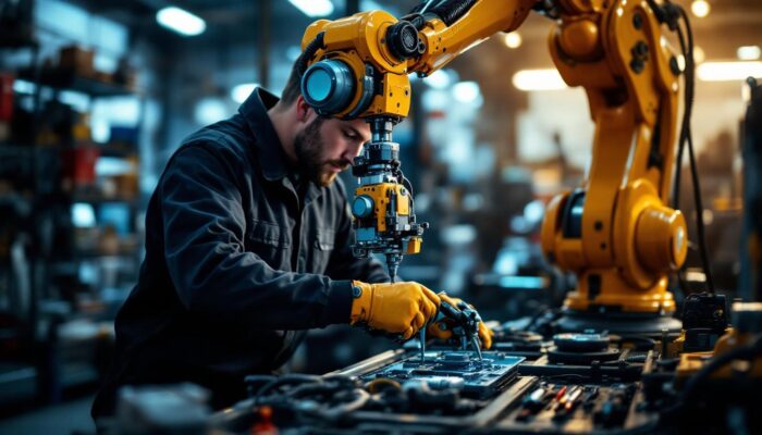 A photograph of capture a photograph of a skilled technician working on an industrial robotic arm in a well-lit auto repair shop