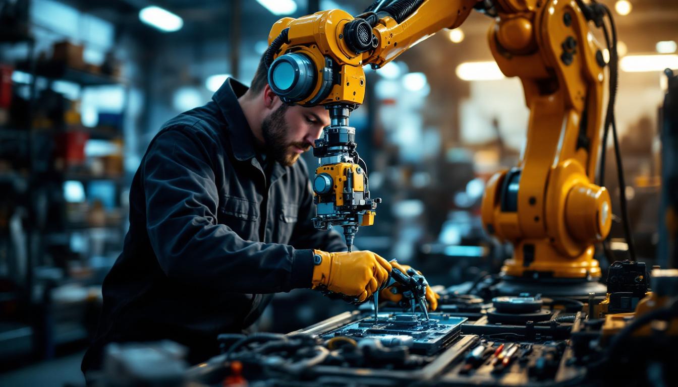 A photograph of capture a photograph of a skilled technician working on an industrial robotic arm in a well-lit auto repair shop