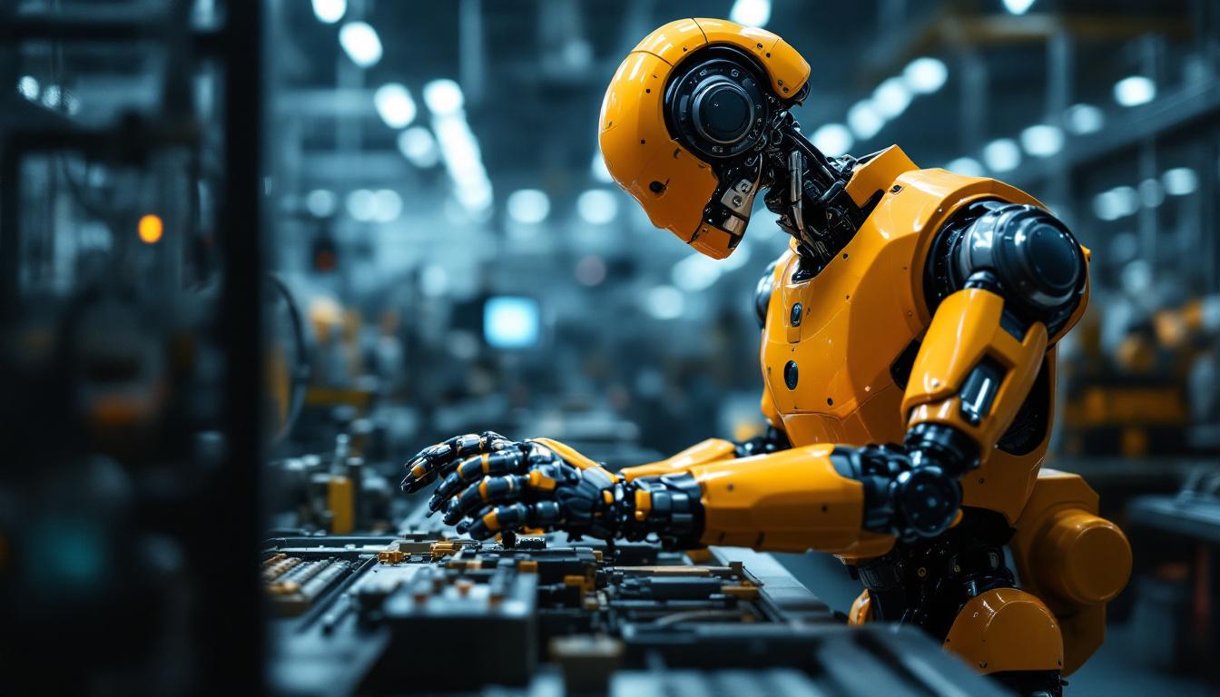 A photograph of a sophisticated industrial robot in action on a factory floor