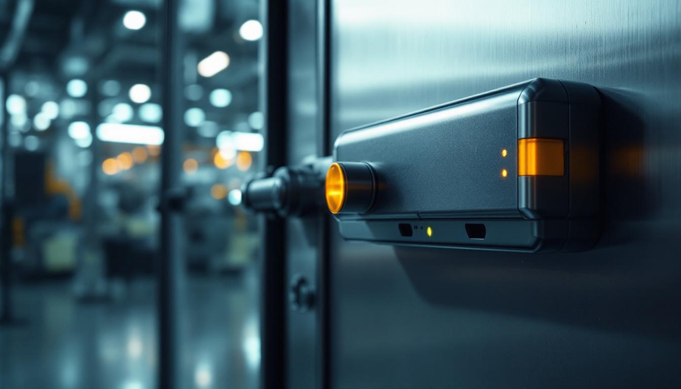 A photograph of capture a photograph of an industrial setting showcasing an automatic door closer equipped with a sensor