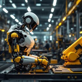 A photograph of a sleek industrial robot in action within a boston manufacturing facility