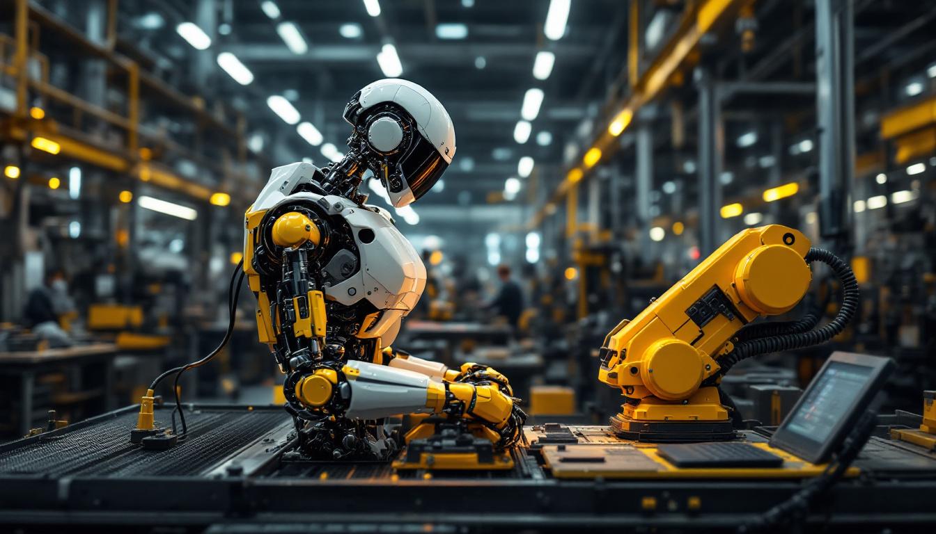 A photograph of a sleek industrial robot in action within a boston manufacturing facility