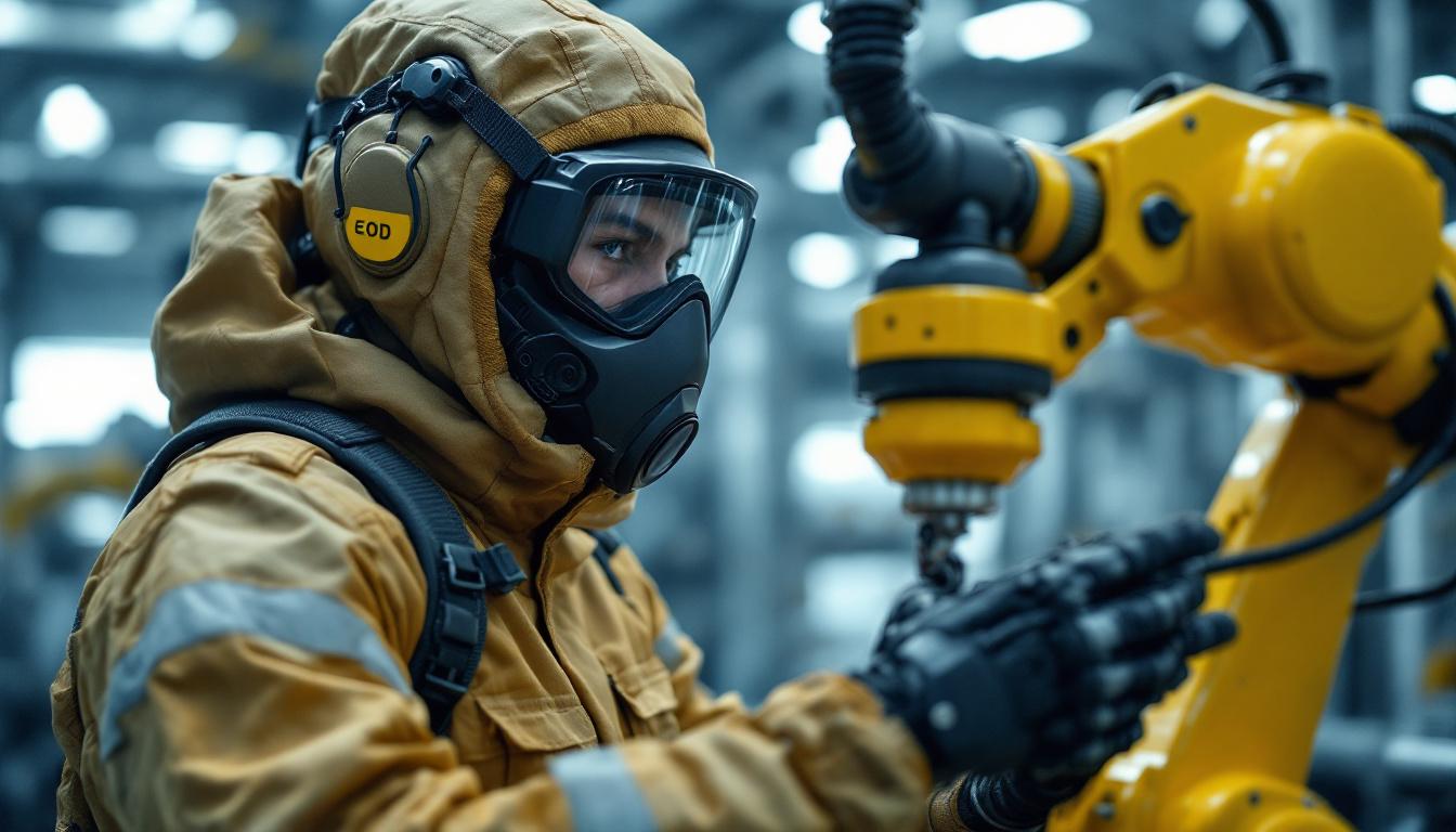 A photograph of a skilled eod technician in full protective gear