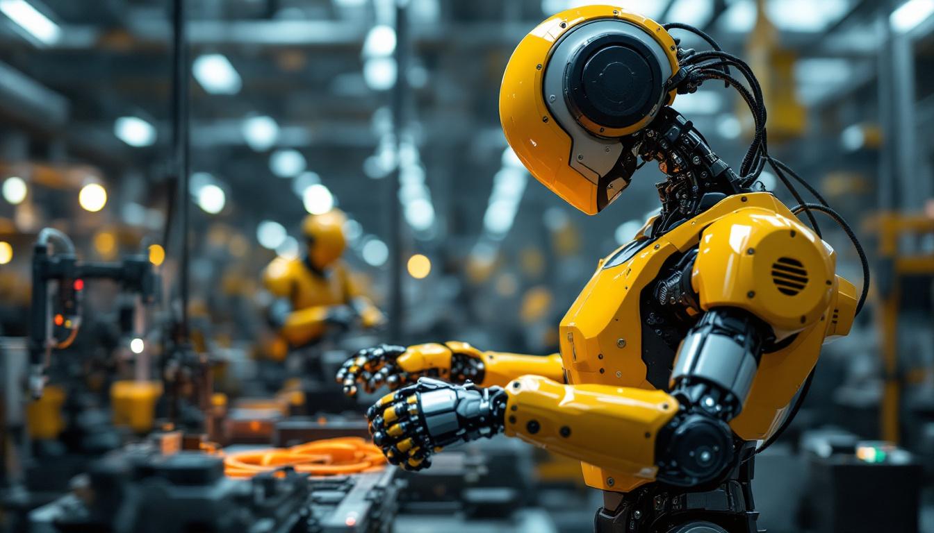 A photograph of capture a photograph of a modern industrial robot in action within a manufacturing setting