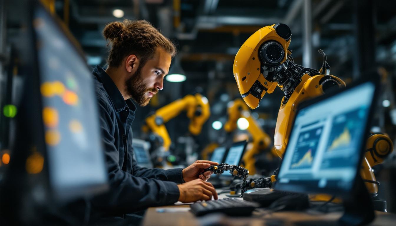 A photograph of a data scientist working collaboratively with industrial robots in a high-tech boston workspace