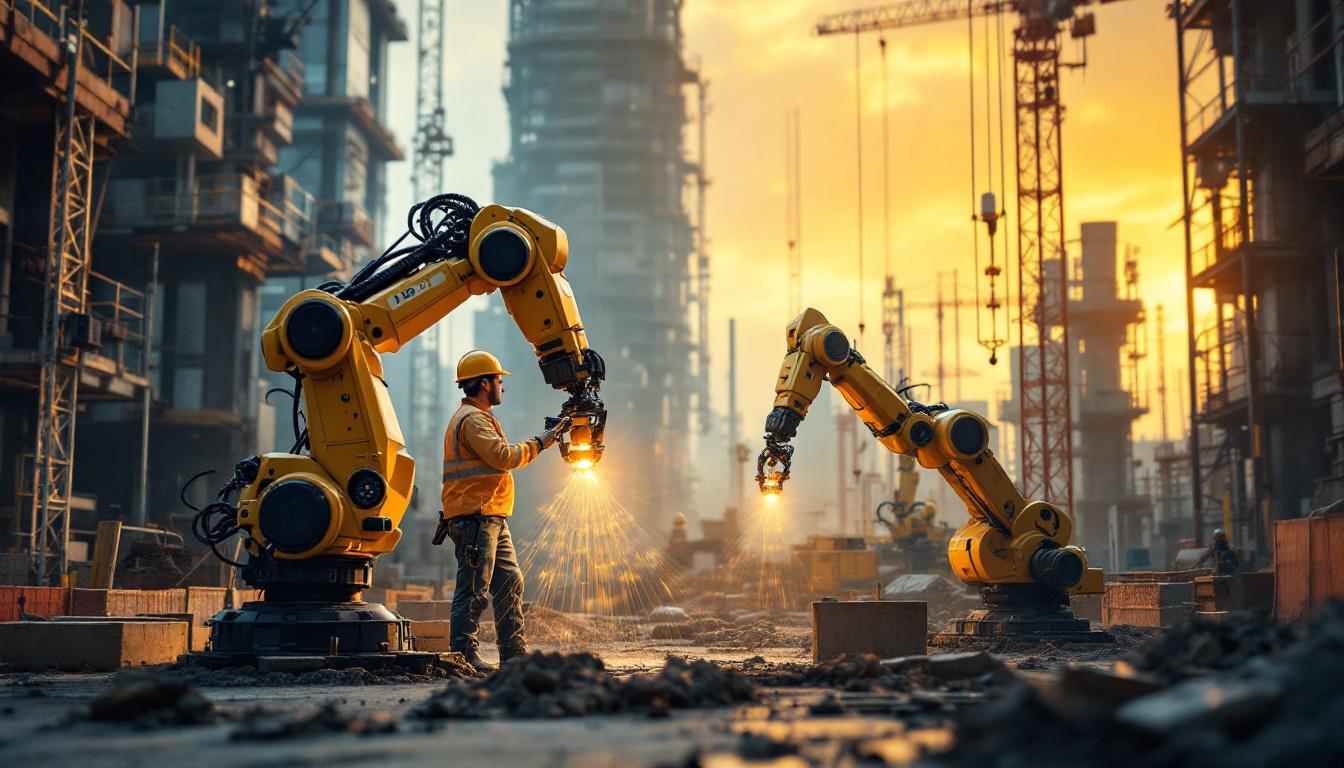 A photograph of a dynamic construction site featuring industrial robots in action