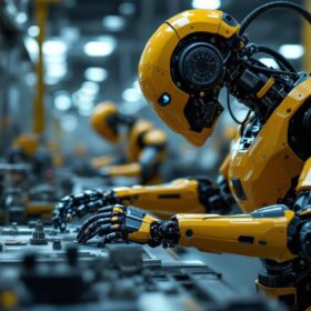 A photograph of a sleek industrial robot in action on a factory floor